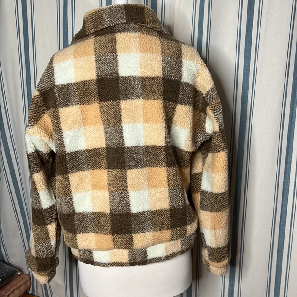 Plaid Sherpa Teddy jacket coat cropped faux poly blend fully lined fitted waist - Picture 10 of 11